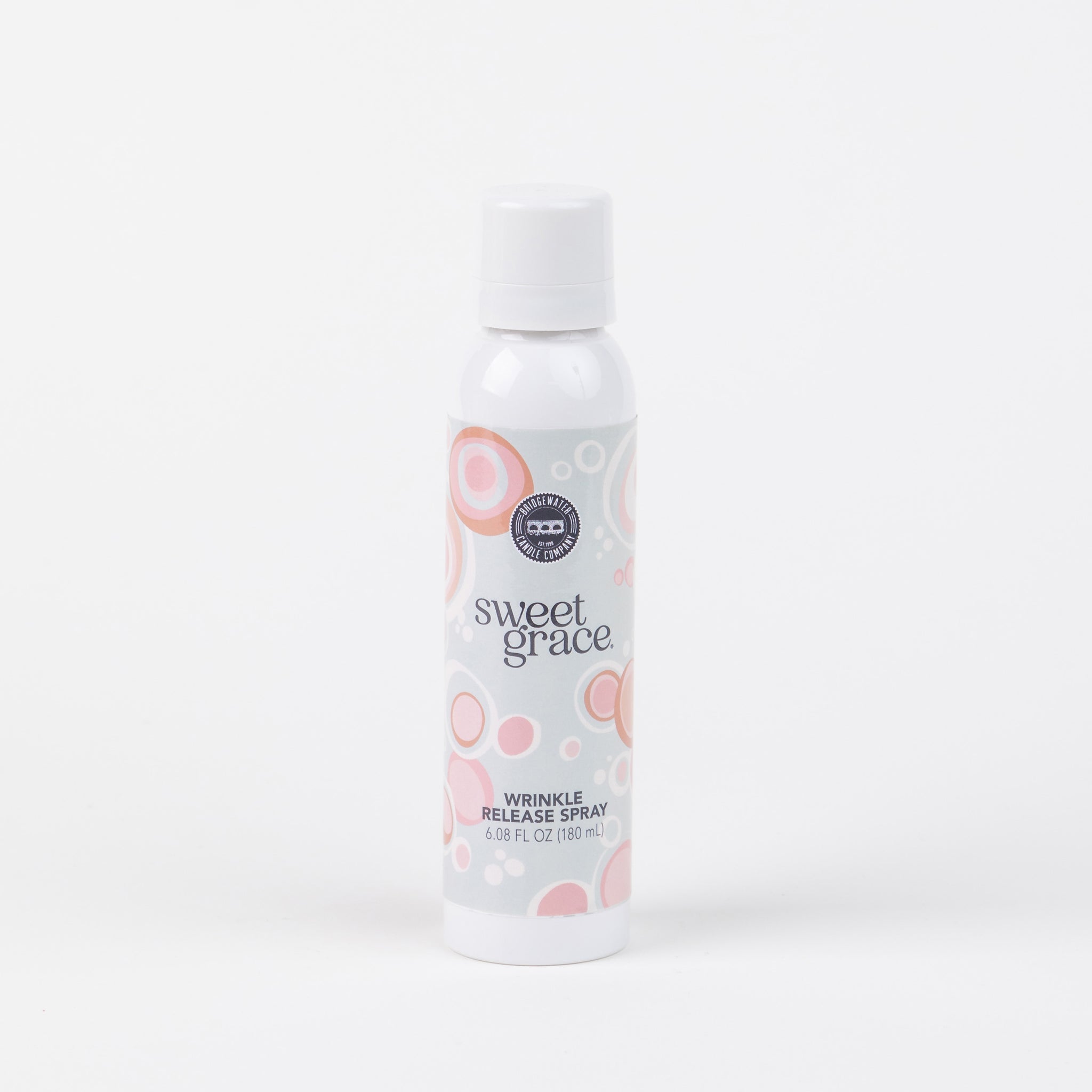 Bridgewater Sweet Grace Wrinkle Release Spray, white bottle with pink and gray circle label, on a white background