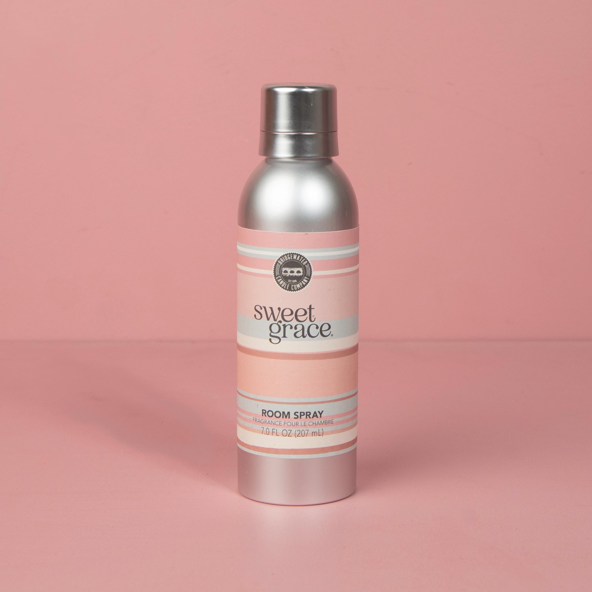 Bridgewater Sweet Grace room spray canister standing upright against a soft pink background