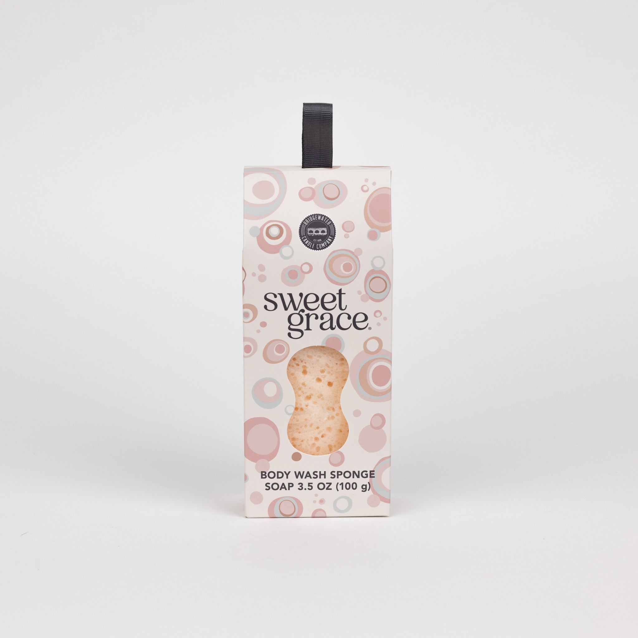 Bridgewater Sweet Grace Body Wash Sponge, 3.5 oz, pink and brown bubble design with black hanging ribbon