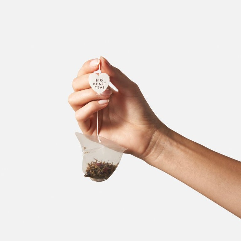 Hand holding a Big Heart Tea compostable Cozy Night tea bag
