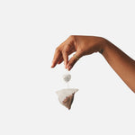 Hand holding a Big Heart Tea compostable Winter Chai tea bag