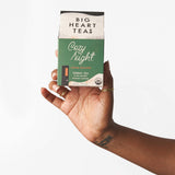 Hand holding a Cozy Night herbal tea box