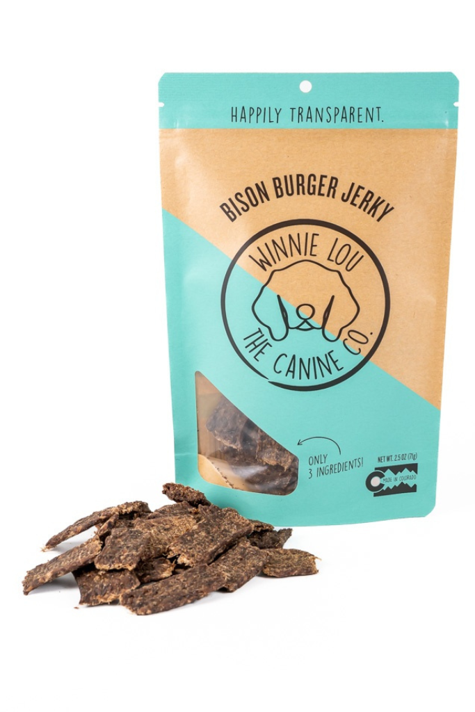 Winnie Lou Bison Burger Jerky dog treats front of bag
