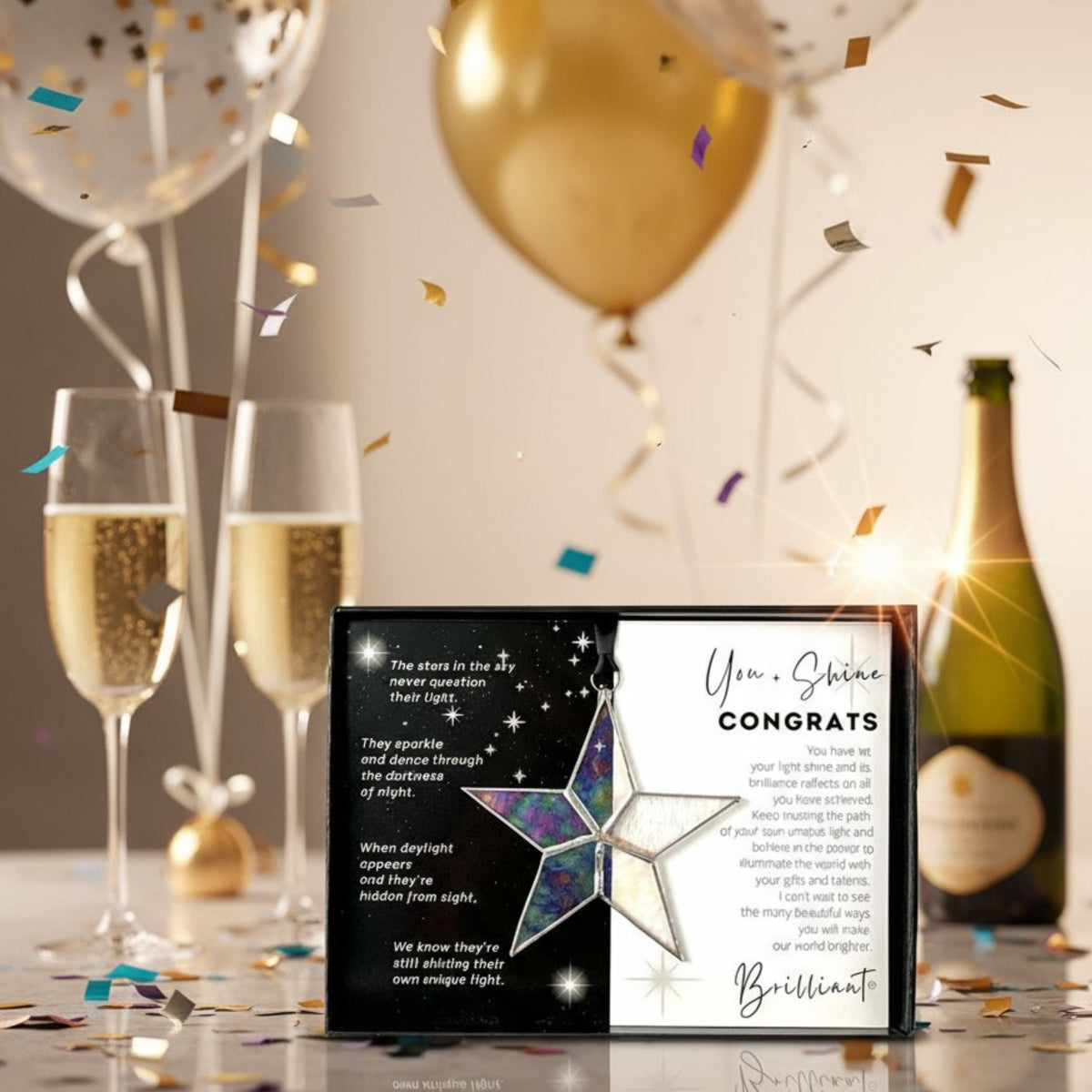 You + Shine Congratulations handmade iridescent stained glass star with black ribbon in a gift box