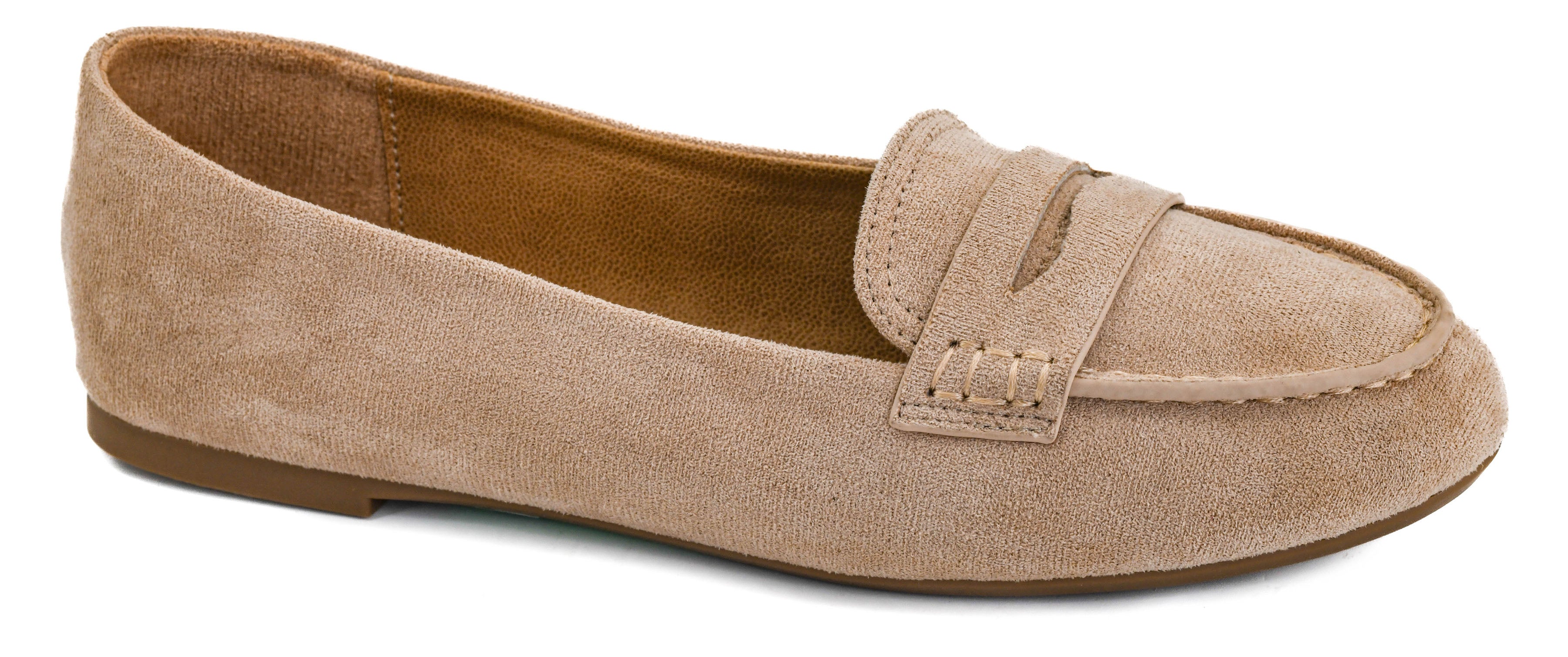 Don't Tell moc toe loafer in sand faux suede