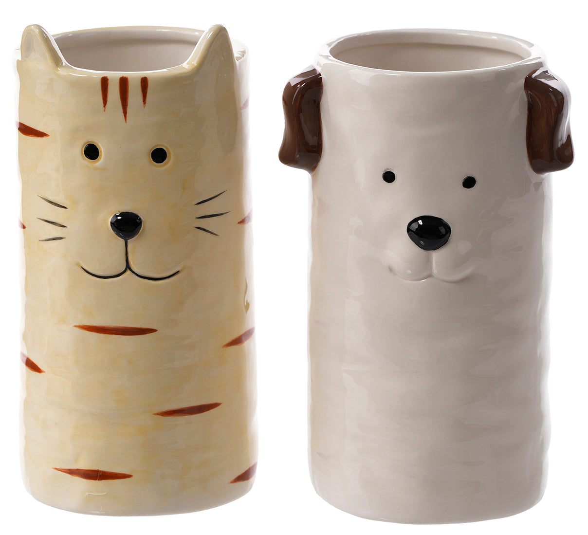 Two cylindrical ceramic vases, a cream cat with orange stripes and pointed ears and a white dog with brown ears