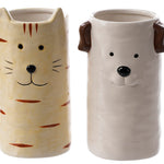 Two cylindrical ceramic vases, a cream cat with orange stripes and pointed ears and a white dog with brown ears