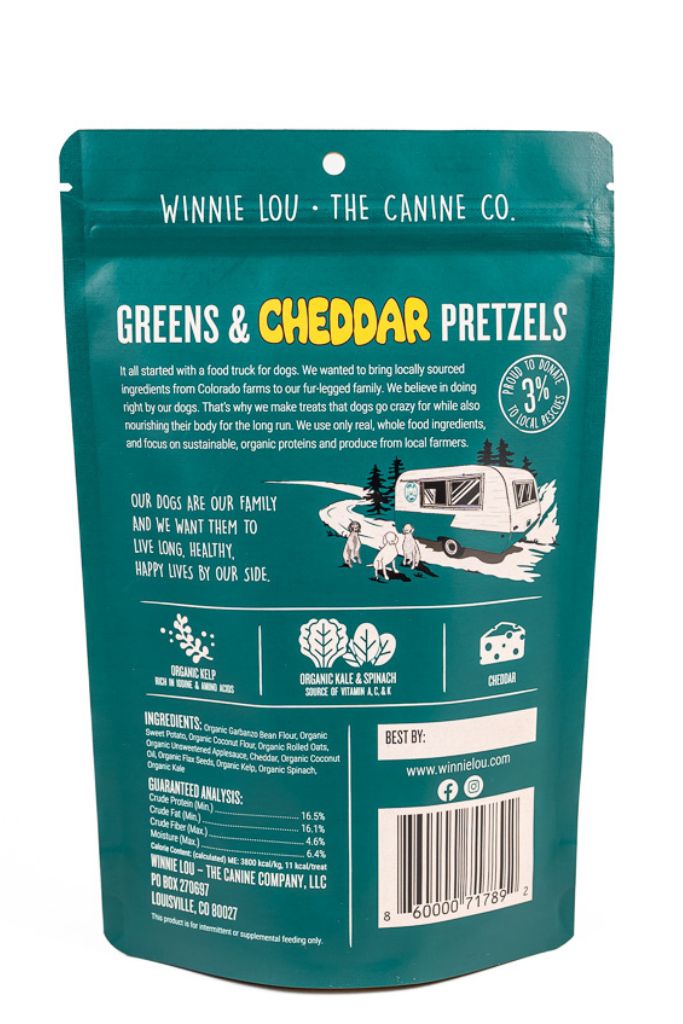 Winnie Lou Greens & Cheddar Pretzels back of bag with ingredients