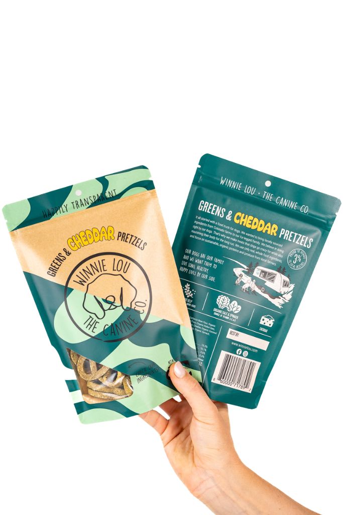 Winnie Lou Greens & Cheddar Pretzels front and back of bag