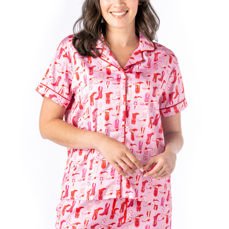 Hello Mello Beauty Sleep Satin Pajama Top in Bootie Sleep print