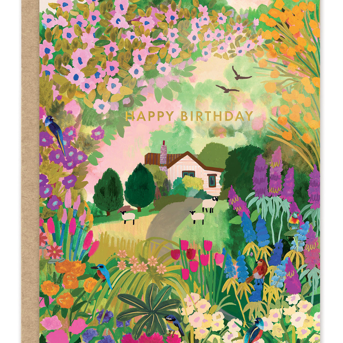 Cottage Garden Birthday Card — front: an English cottage garden scene with a flower-covered arch, sheep and a path to a cottage, with gold foil "happy birthday"