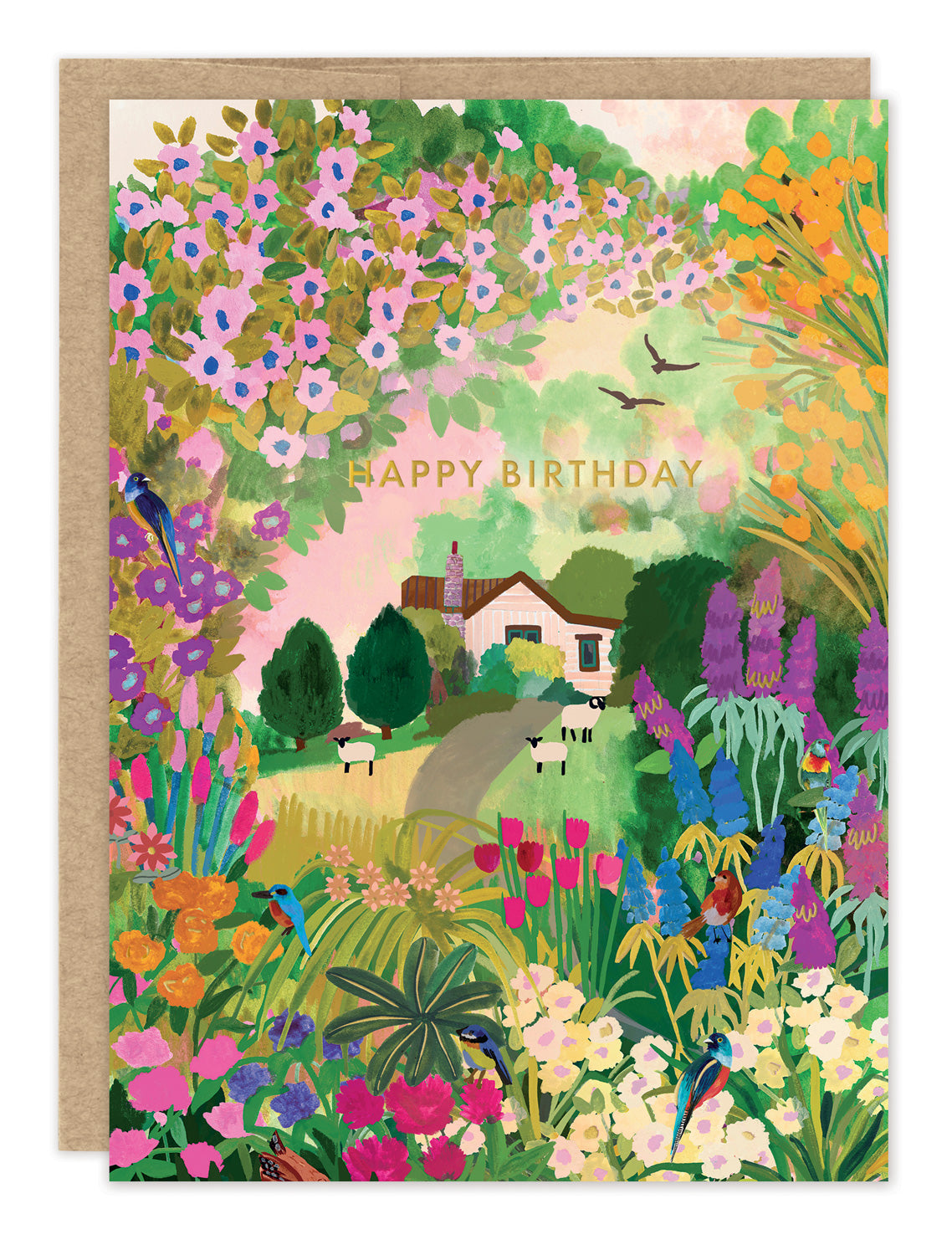 Cottage Garden Birthday Card — front: an English cottage garden scene with a flower-covered arch, sheep and a path to a cottage, with gold foil "happy birthday"