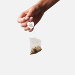 Hand dropping a Big Heart Tea compostable green tea bag
