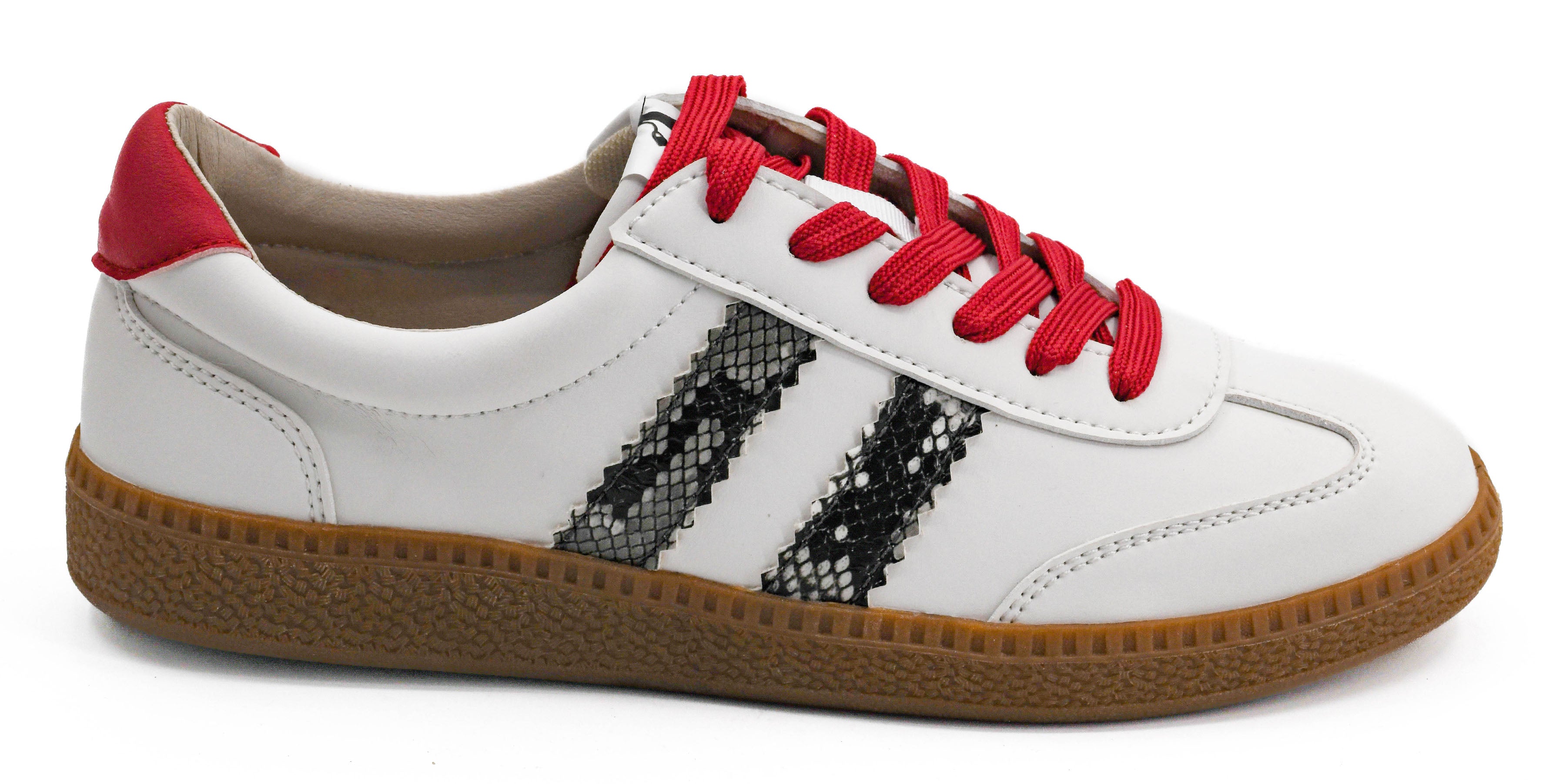 Heads Up white lace-up sneaker with snake print stripes
