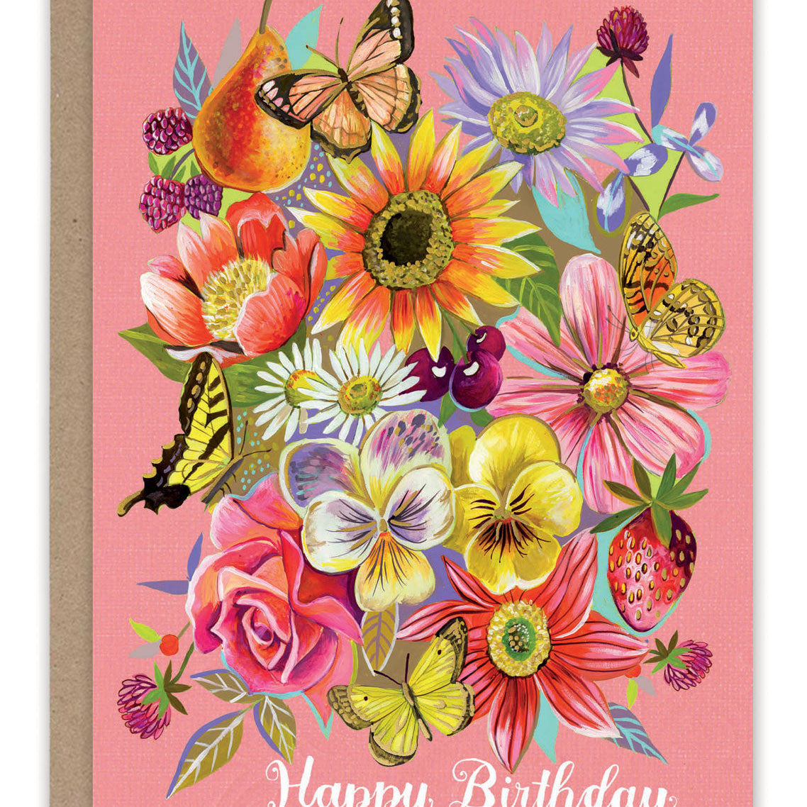 Peach Bouquet Birthday Card — front: a lush bouquet of sunflowers, roses, pansies, butterflies and fruit on a peach background with gold foil "happy birthday"