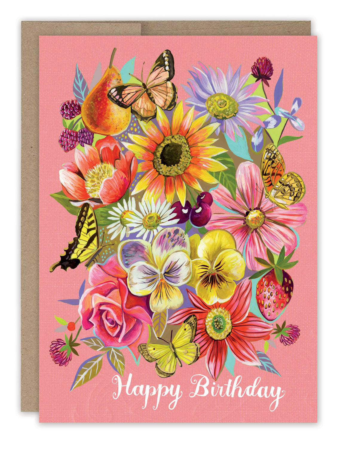 Peach Bouquet Birthday Card — front: a lush bouquet of sunflowers, roses, pansies, butterflies and fruit on a peach background with gold foil "happy birthday"