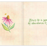 Peach Bouquet Birthday Card — inside message: Here's to a year of abundance & joy!