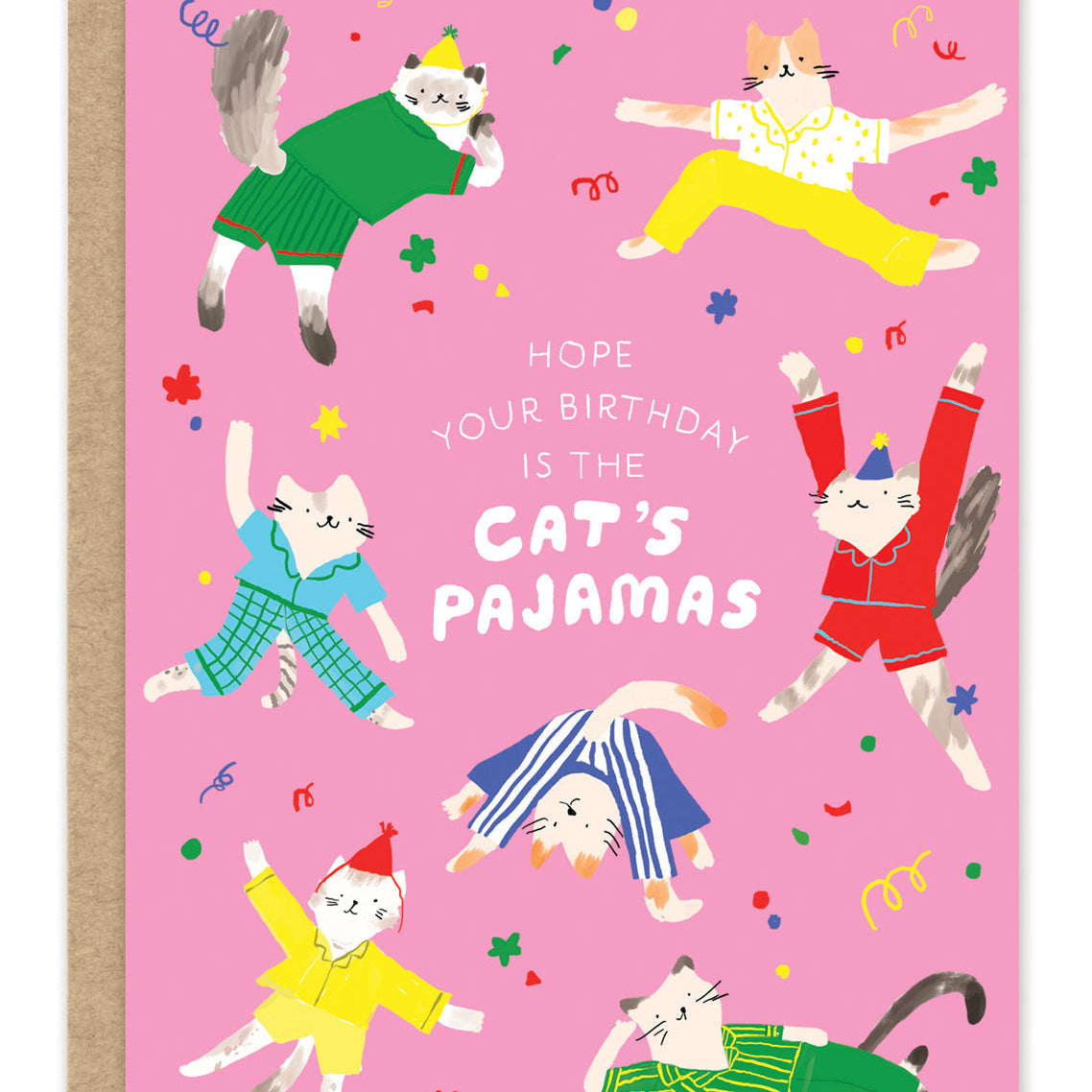 Cat's Pajamas Birthday Card — front: dancing cats in colorful pajamas and party hats on a pink background with "hope your birthday is the cat's pajamas"