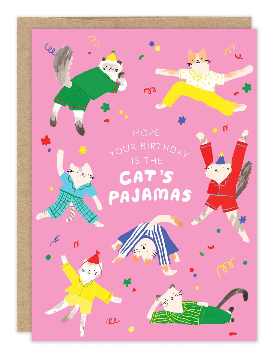 Cat's Pajamas Birthday Card — front: dancing cats in colorful pajamas and party hats on a pink background with "hope your birthday is the cat's pajamas"