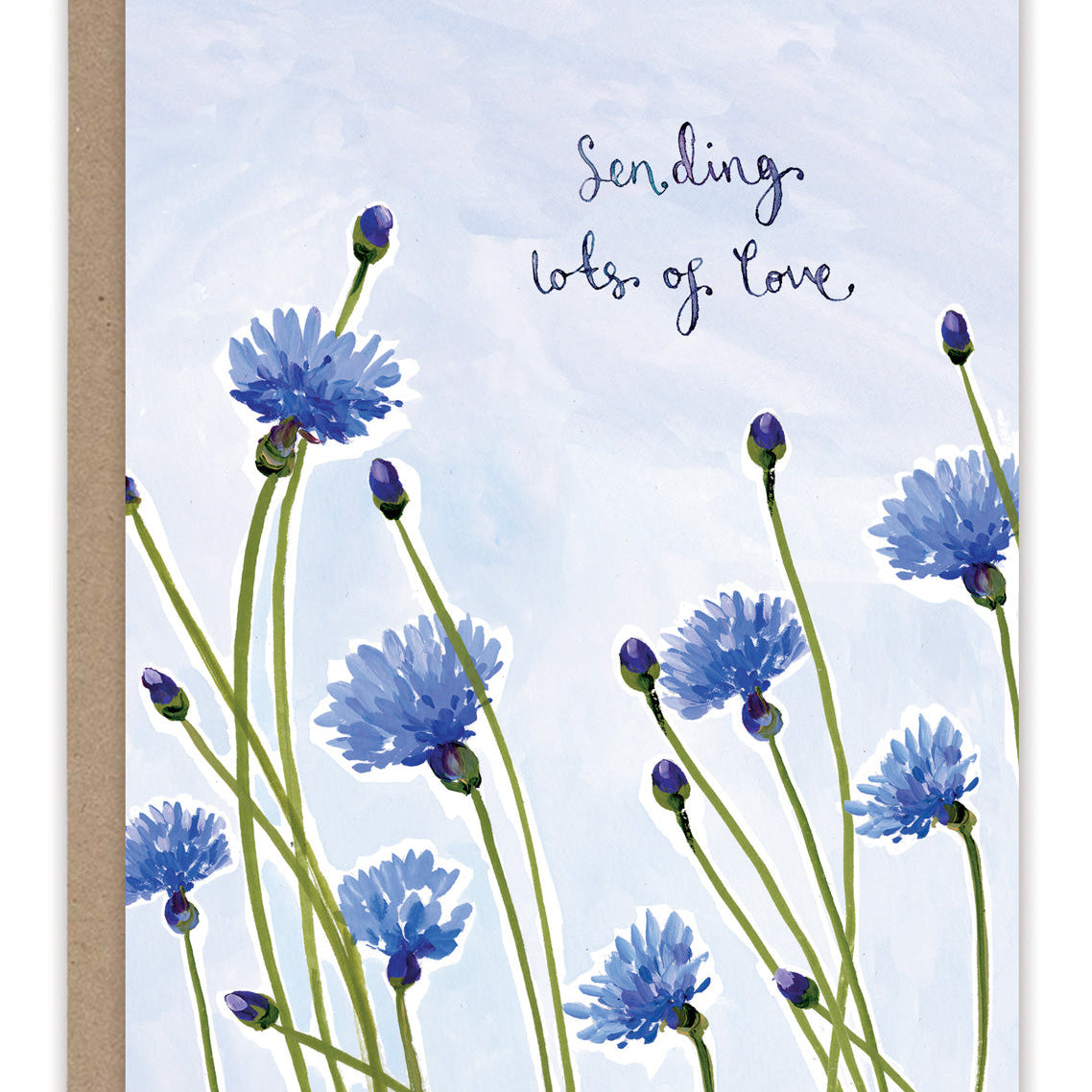 Cornflowers Sending Love Sympathy Card — front: delicate blue watercolor cornflowers against a pale sky with the words "sending lots of love"