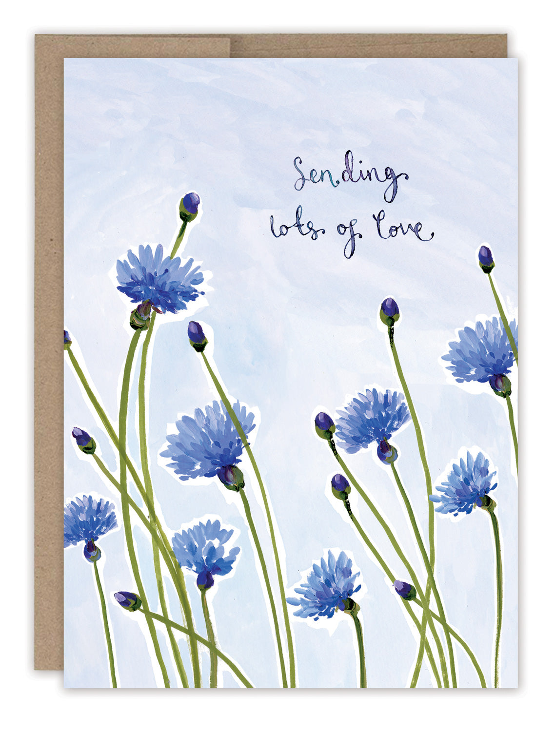 Cornflowers Sending Love Sympathy Card — front: delicate blue watercolor cornflowers against a pale sky with the words "sending lots of love"