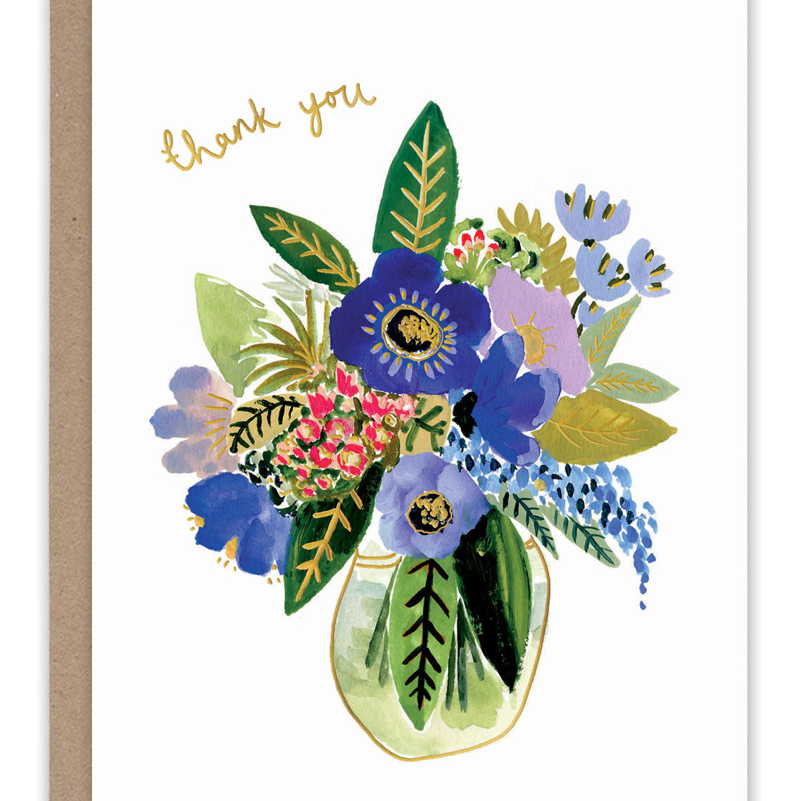 Vase of Flowers Thank You Card — front: a watercolor bouquet of blue anemones and berries in a glass vase with gold foil "thank you"