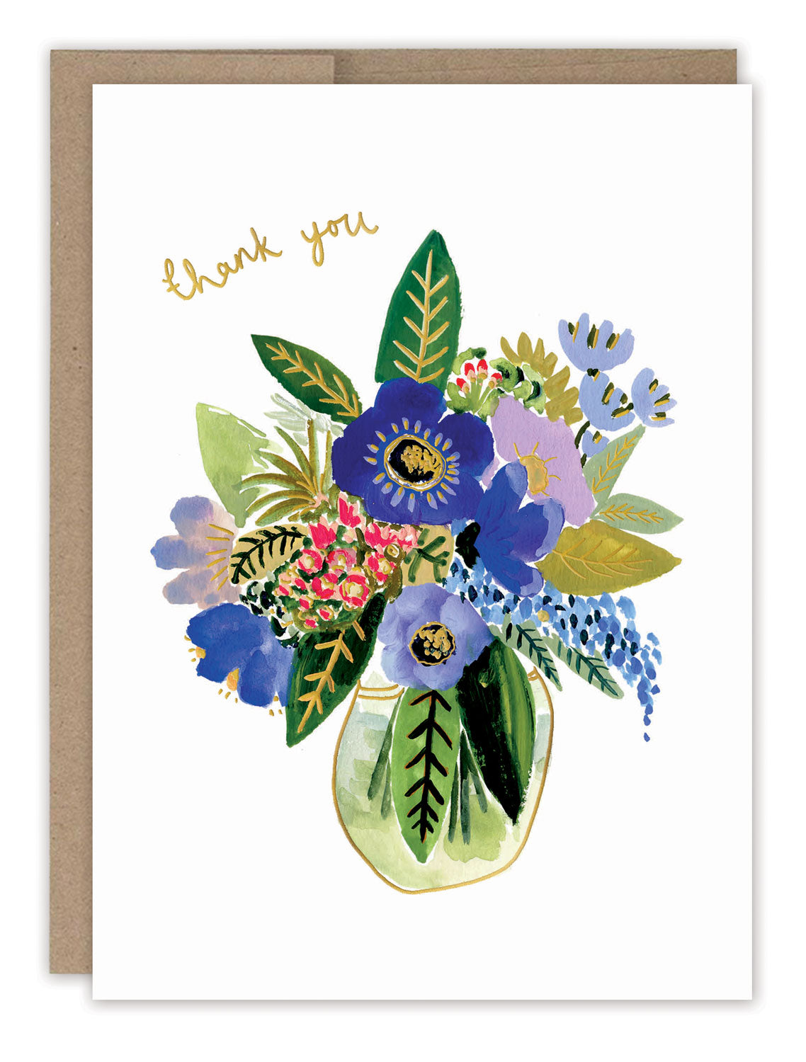 Vase of Flowers Thank You Card — front: a watercolor bouquet of blue anemones and berries in a glass vase with gold foil "thank you"
