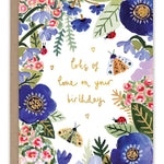 Bugs & Flowers Birthday Card — front: a border of blue anemones, pink blossoms, ladybugs and moths around gold foil "lots of love on your birthday"