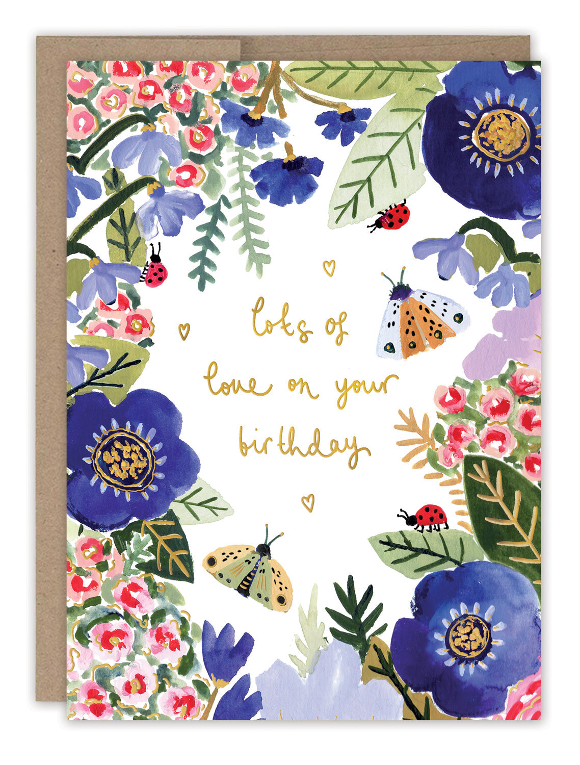 Bugs & Flowers Birthday Card — front: a border of blue anemones, pink blossoms, ladybugs and moths around gold foil "lots of love on your birthday"