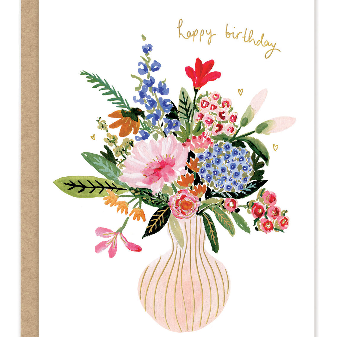 Vase of Flowers Birthday Card — front: a watercolor bouquet of pink, blue and red flowers in a striped blush vase with gold foil "happy birthday"