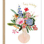Vase of Flowers Birthday Card — front: a watercolor bouquet of pink, blue and red flowers in a striped blush vase with gold foil "happy birthday"