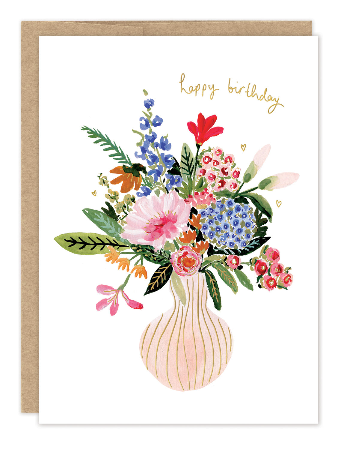 Vase of Flowers Birthday Card — front: a watercolor bouquet of pink, blue and red flowers in a striped blush vase with gold foil "happy birthday"
