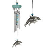 Dolphin wind chime with silver dolphins and blue green crystals