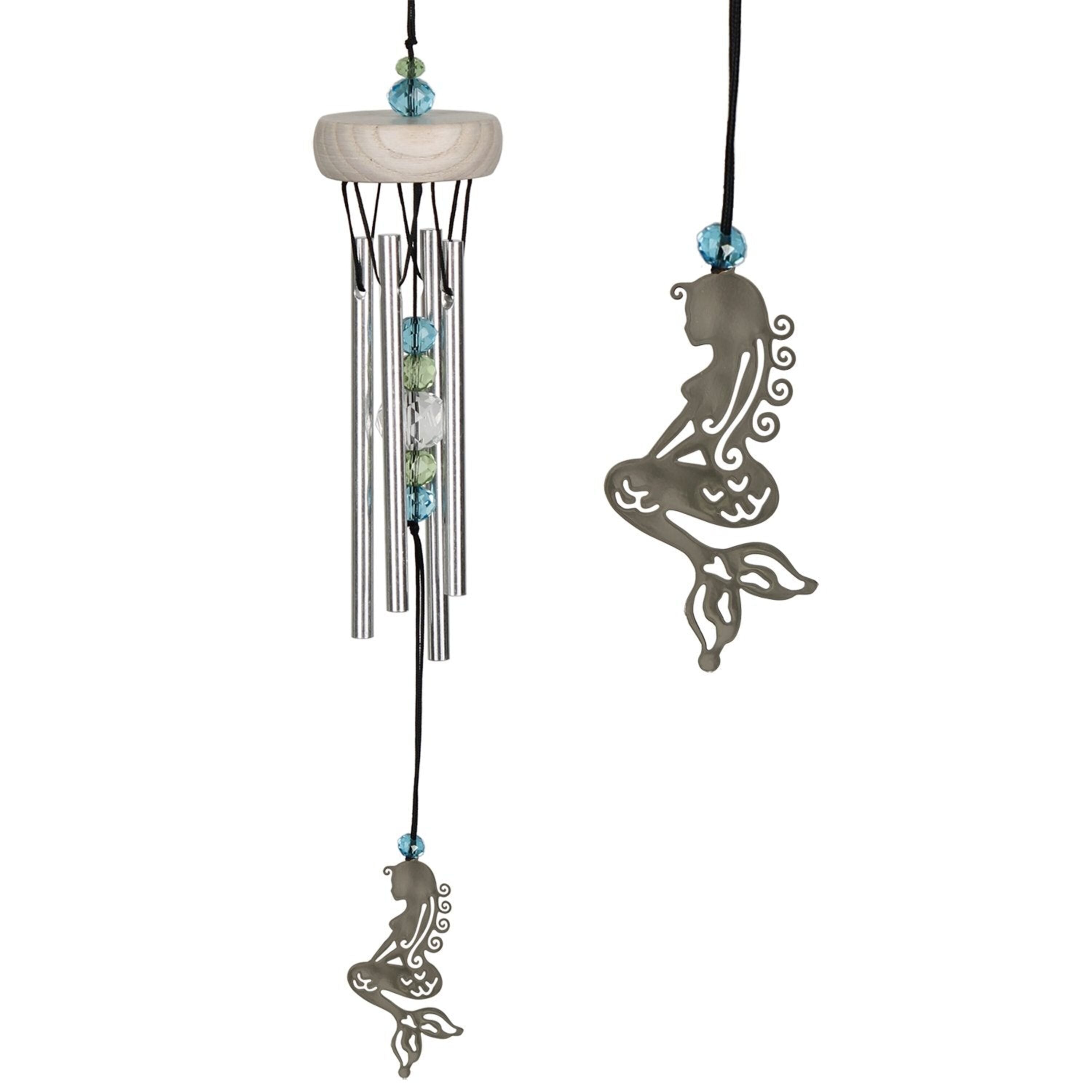 Mermaid wind chime with silver mermaid and blue green crystals