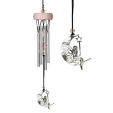 Fairy wind chime with silver fairy on crescent moon and pink crystals