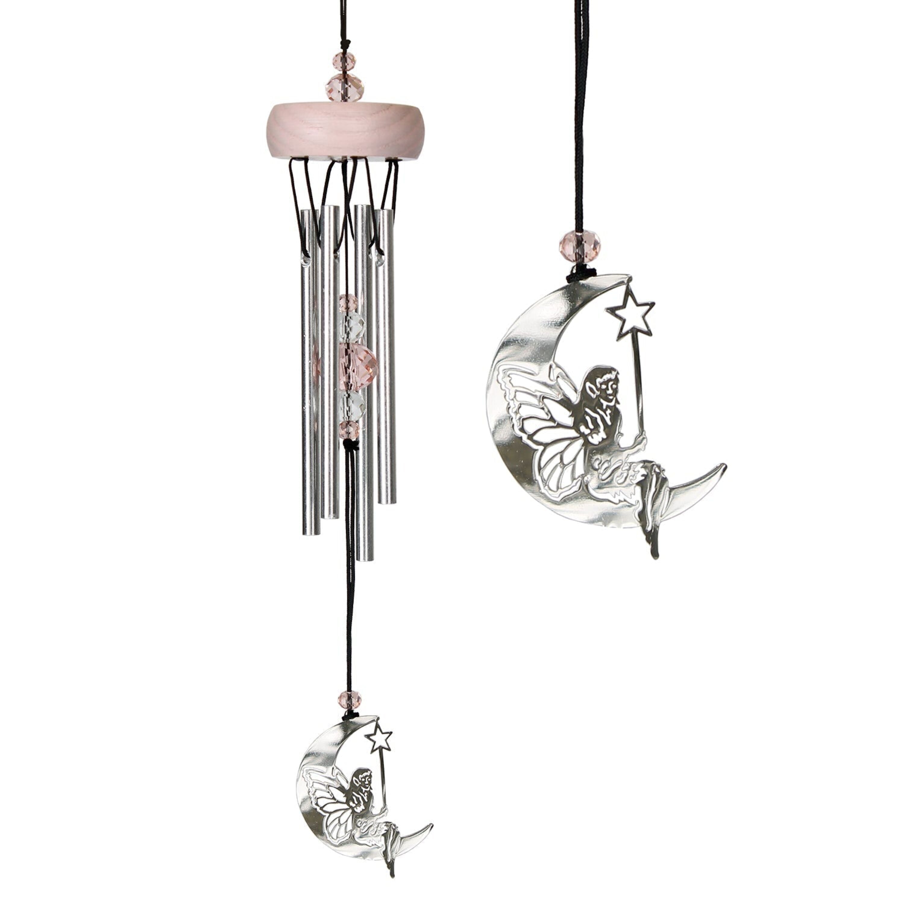 Fairy wind chime with silver fairy on crescent moon and pink crystals