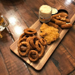 Platter of onion rings, chicken and mozzarella sticks served with Hoppin' Jalapeño Dip