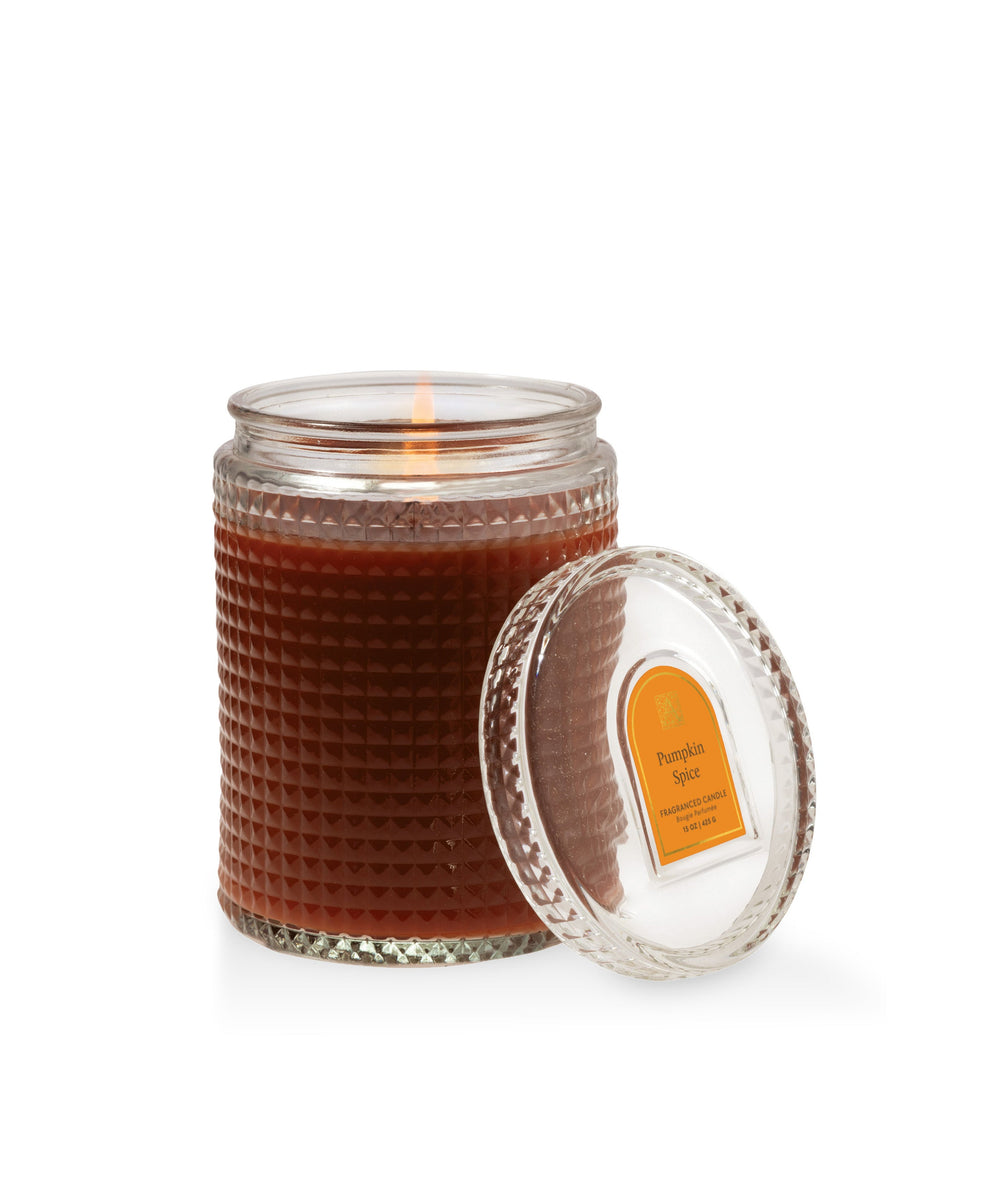 Pumpkin Spice 15 oz textured glass candle with lid