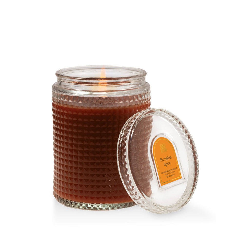 Pumpkin Spice 15 oz textured glass candle with lid