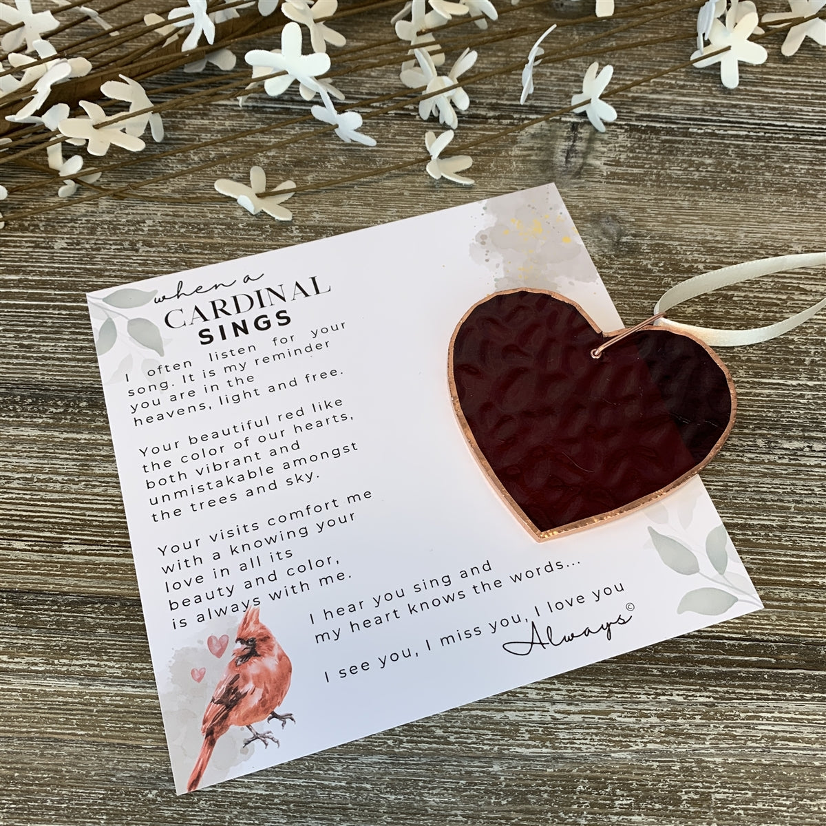 When a Cardinal Sings memorial textured red stained glass heart with ivory ribbon