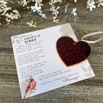 When a Cardinal Sings memorial textured red stained glass heart with ivory ribbon