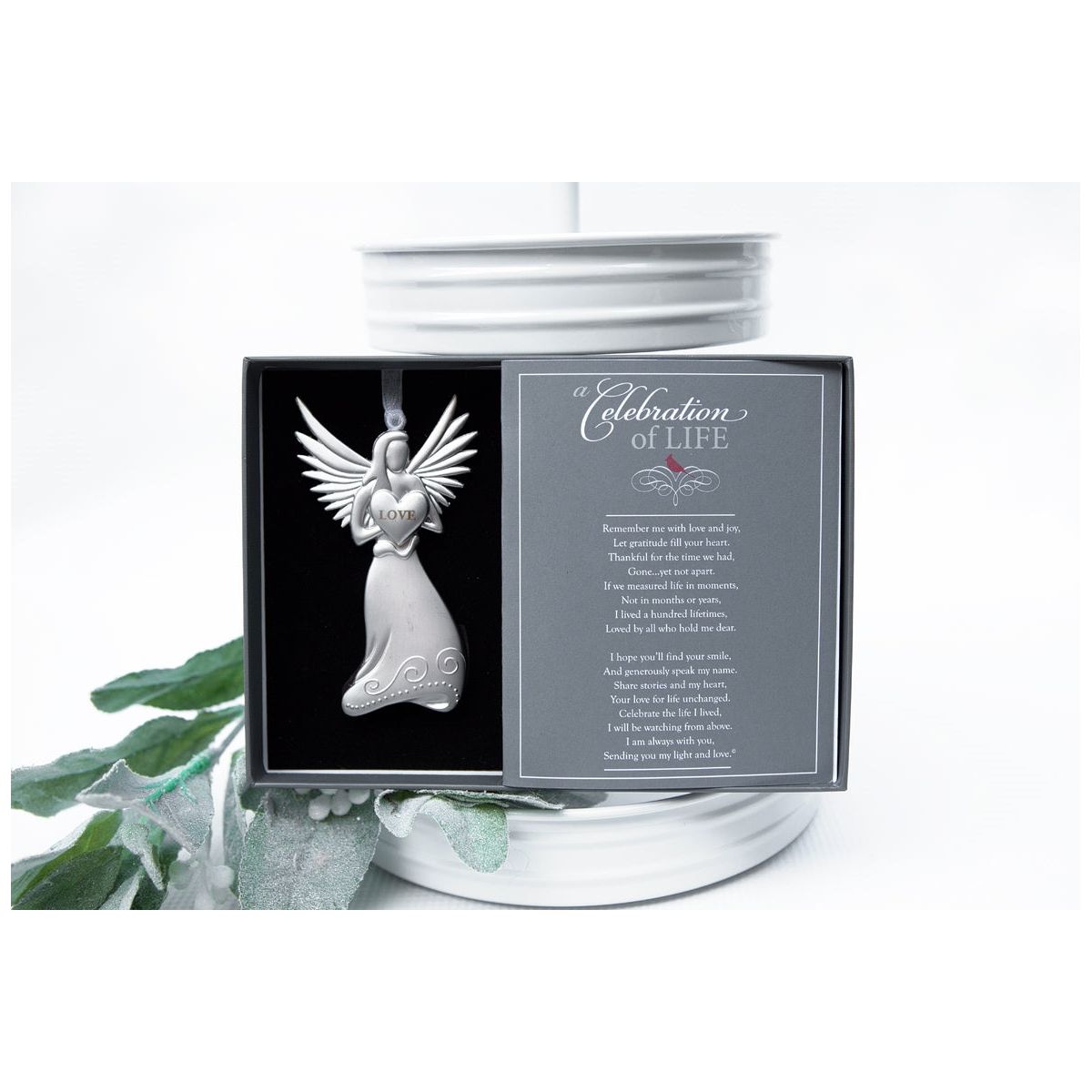 Celebration of Life metal angel holding a Love heart with poem card and gift box