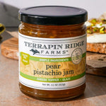Jar of Pear Pistachio Jam with ricotta toast