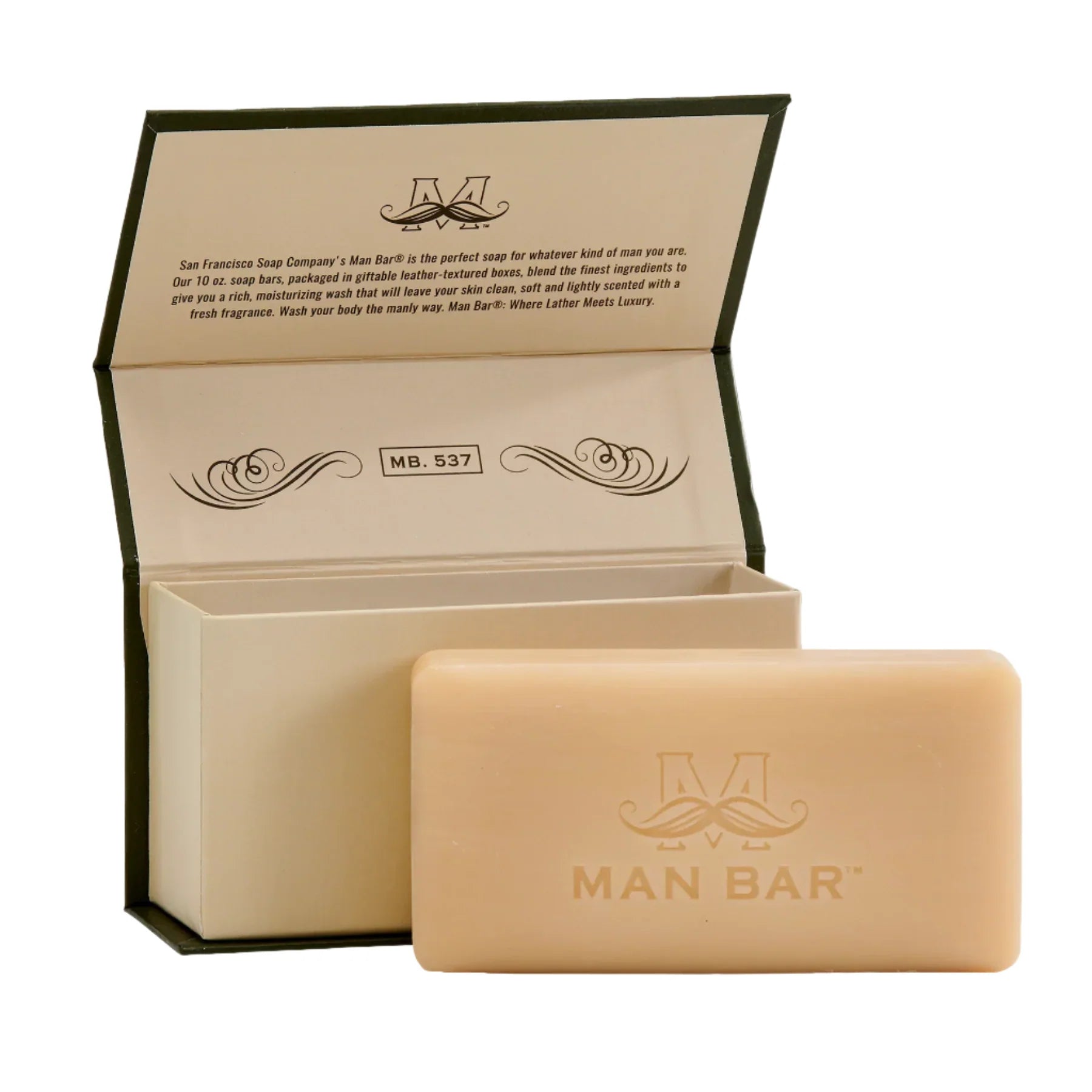 Man Bar Bergamot & Cognac box open showing the 10 oz soap bar