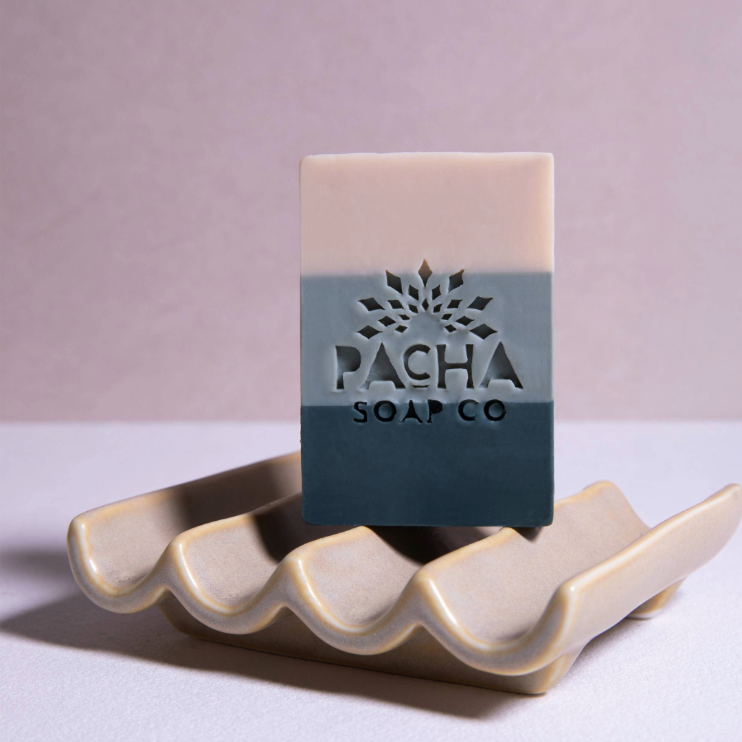 Bar Soap, Sea Salt & Moss, 4 oz - on ceramic dish