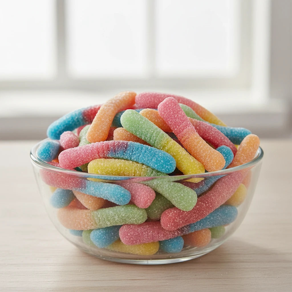 A close-up of colorful sour gummy worms, with a variety of colors visible.