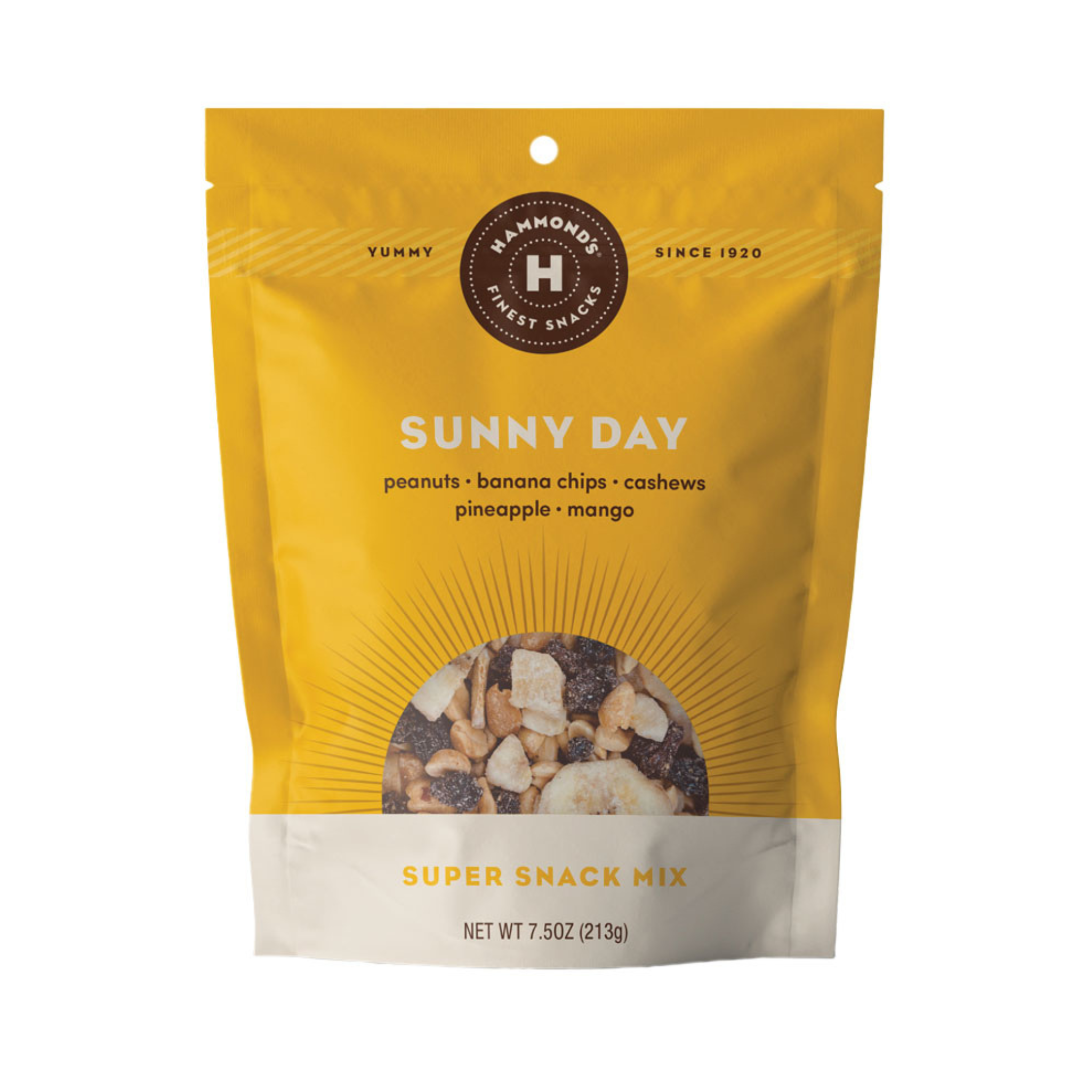 Sunny Day Snack Mix bag with peanuts, banana chips, cashews, pineapple and mango