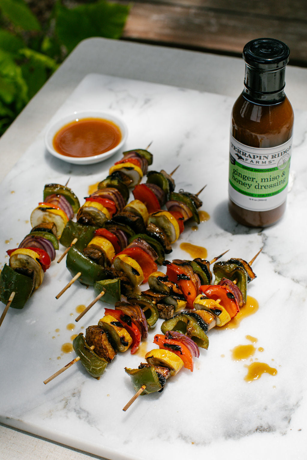 Grilled vegetable skewers with Ginger, Miso & Honey Dressing for dipping