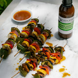 Grilled vegetable skewers with Ginger, Miso & Honey Dressing for dipping