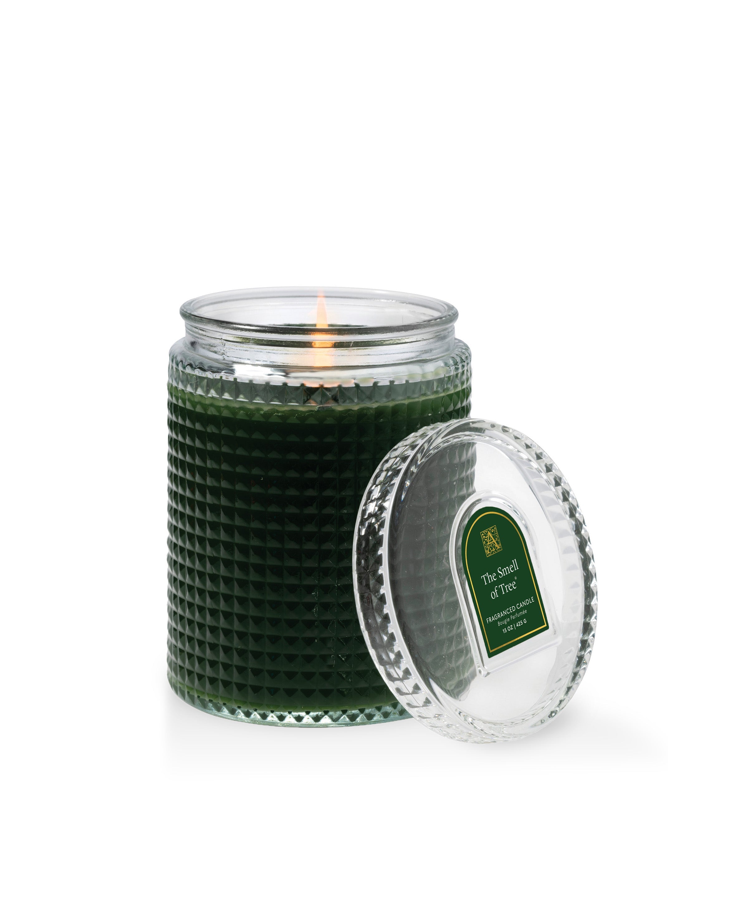 The Smell of Tree 15 oz textured glass candle with lid